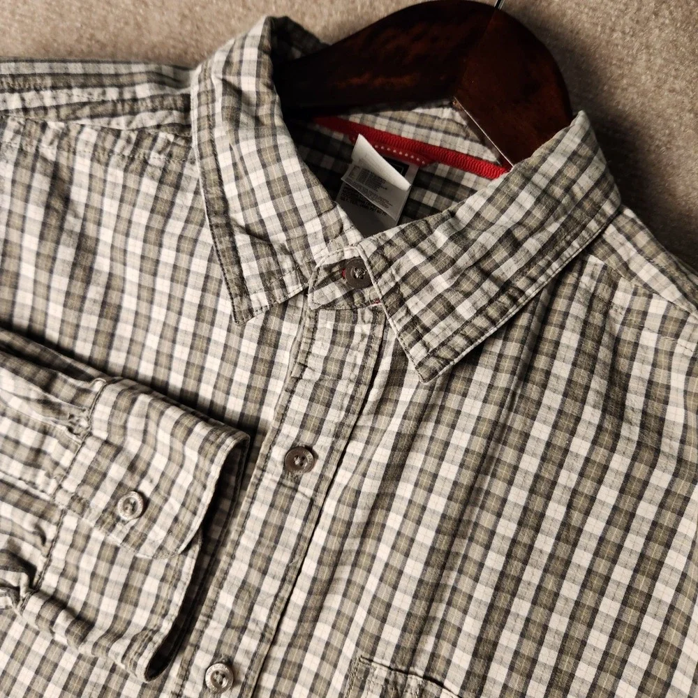 The North Face Button Down Shirt Mens L Green White Plaid Long Sleeve Outdoor